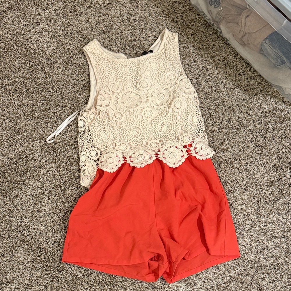 City Triangles Ivory Lace Salmon Pink Shorts Romper